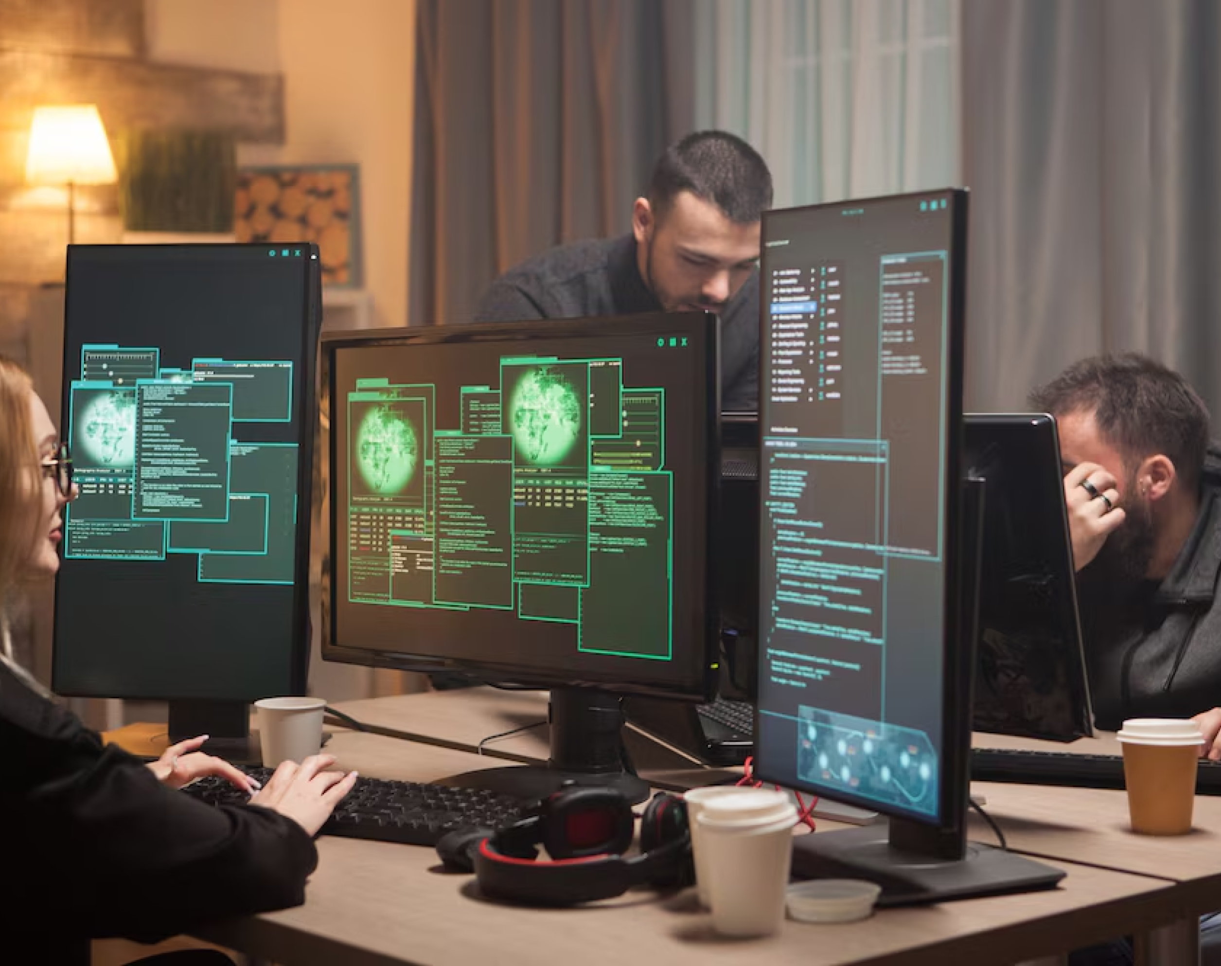 Hands-on network security training in a lab environment with multiple monitors displaying network diagrams and security tools.